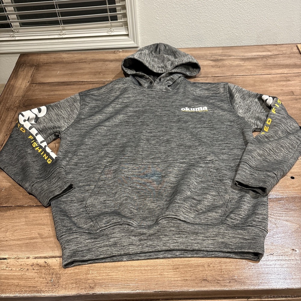 Okuma Inspired Fishing Hoodie Mens Gray With Black Lines Design M Gray